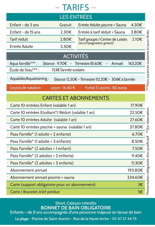 tarifs piscine